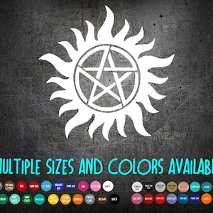 May include: White graphic of a sunburst with a pentagram in the center, against a dark textured background. The text "MULTIPLE SIZES AND COLORS AVAILABLE" is displayed below the graphic, along with a color palette.