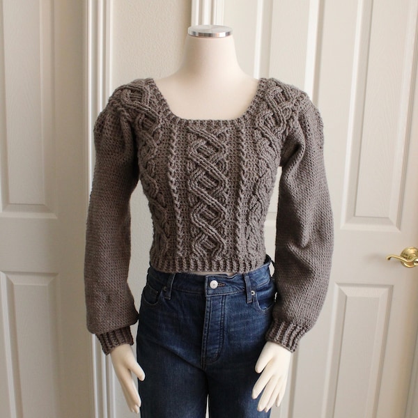 Crochet Cropped Sweater Pattern Cable Braided Sweater Crochet Pattern for Women Aran Sweater Ballon Sleeves Puff sleeves Crochet pattern