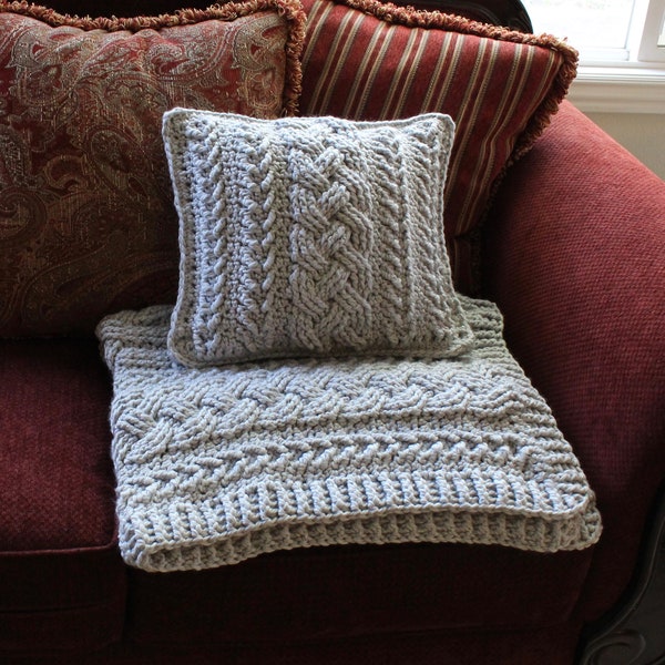Irish Lullaby Cable Pillow Crochet Pattern Home Decor Matching Set Blanket Pillow Bulky Chunky Yarn Nursery Aran Celtic