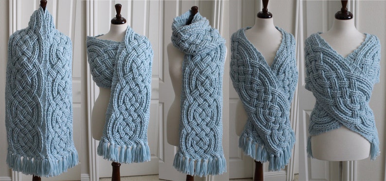May include: A light blue knitted scarf with a Celtic knot pattern and fringe. The scarf is displayed on a mannequin in five different ways.
