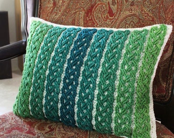 Crochet Pillow Pattern Green Gradient Cable Pillow Cable Braided Blanket Crochet Pattern Yarn Aran Celtic St. Patricks Green Crochet Pattern