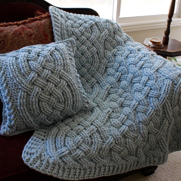 Moonbean Cable Pillow Crochet Pattern Home Decor Matching Set Blanket Pillow Bulky Chunky Yarn Nursery Aran Celtic