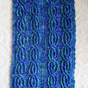 May include: A blue and green crocheted scarf with a repeating pattern of loops.