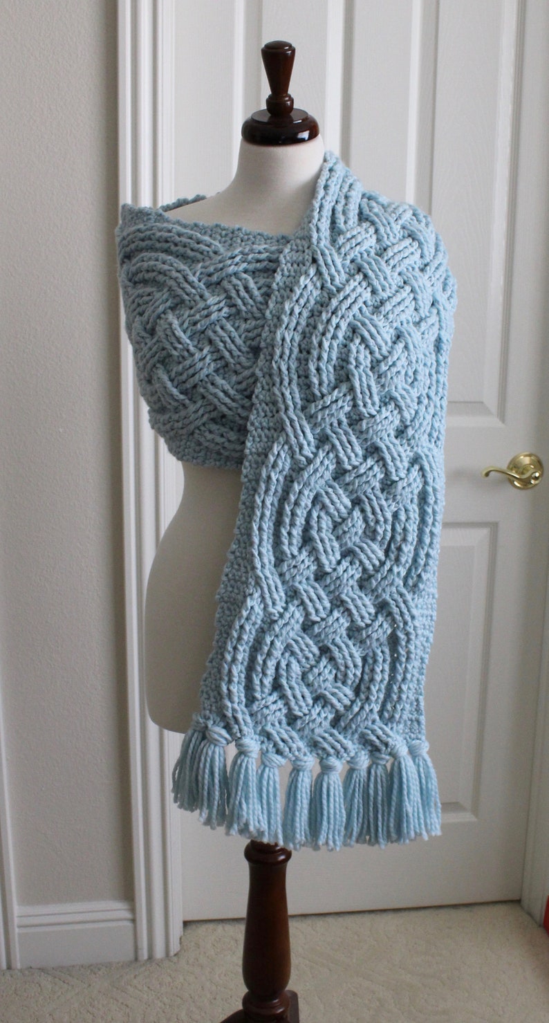 Crochet Scarf Pattern, Super Saxon Scarf Celtic Crochet Pattern for Women and Men Aran Celtic Cable Scarf Cowl PDF Download Cable Scarf Fall image 2