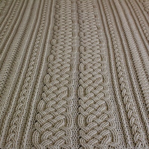 May include: A close-up of a beige knitted blanket with a cable knit pattern. The blanket is made of soft yarn and has a warm, cozy feel.