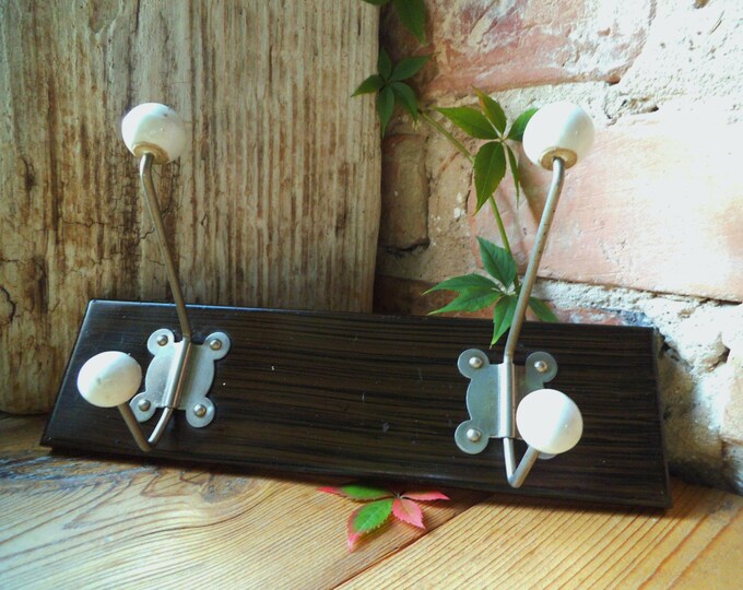 Metal Coat Rack Hooks With White Porcelain Knobs Vintage Wall Etsy