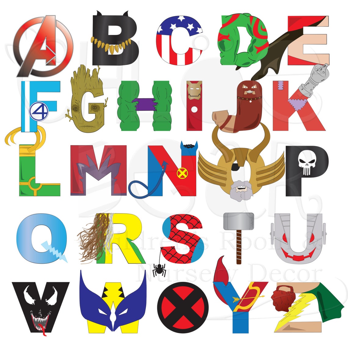 Superhero Alphabet Inspired by Marvel Characters Wall Decor Etsy