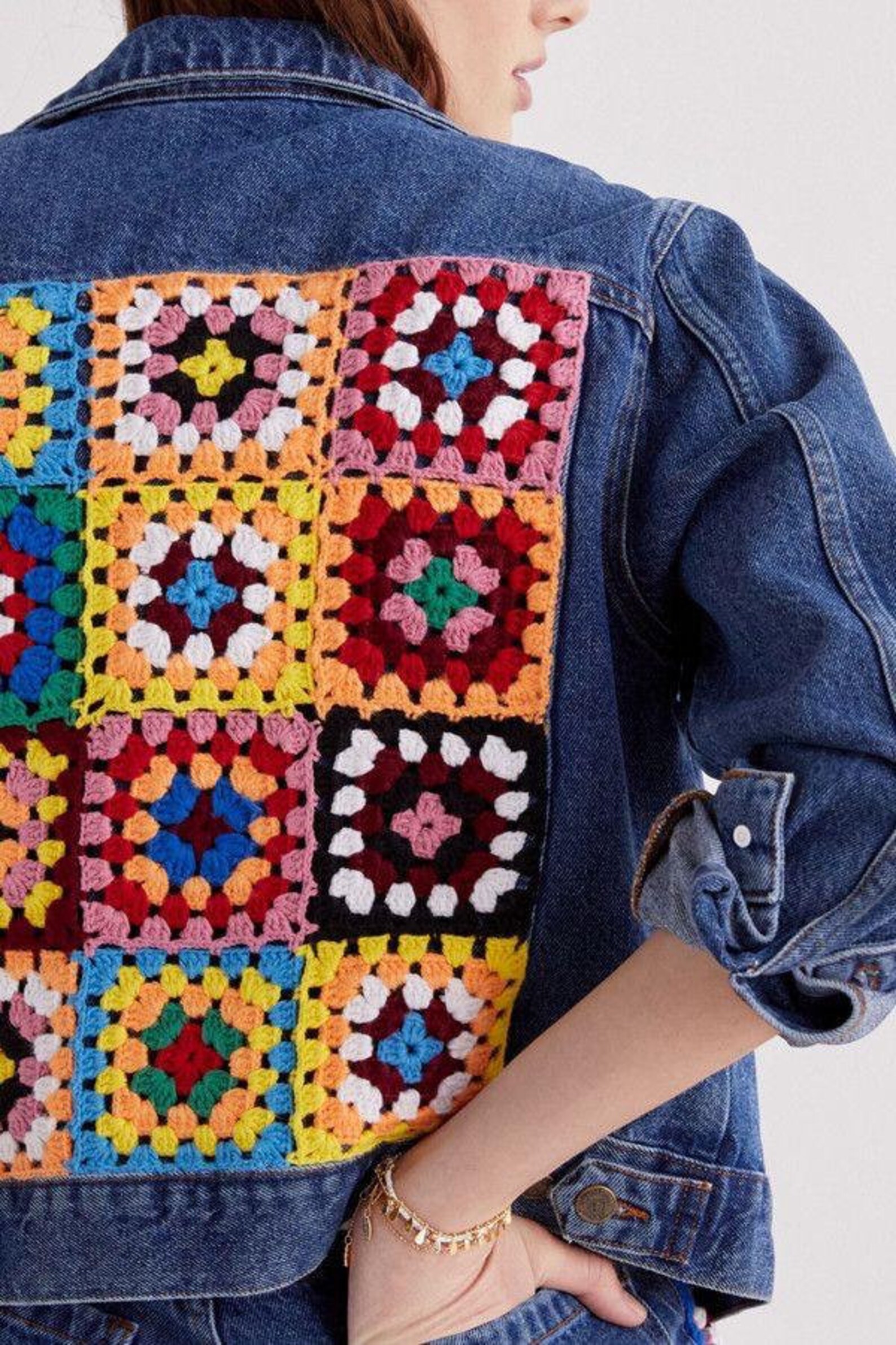 Granny Square Crochet Jean Jacket Woman Handmade Clothes Vintage Jeans