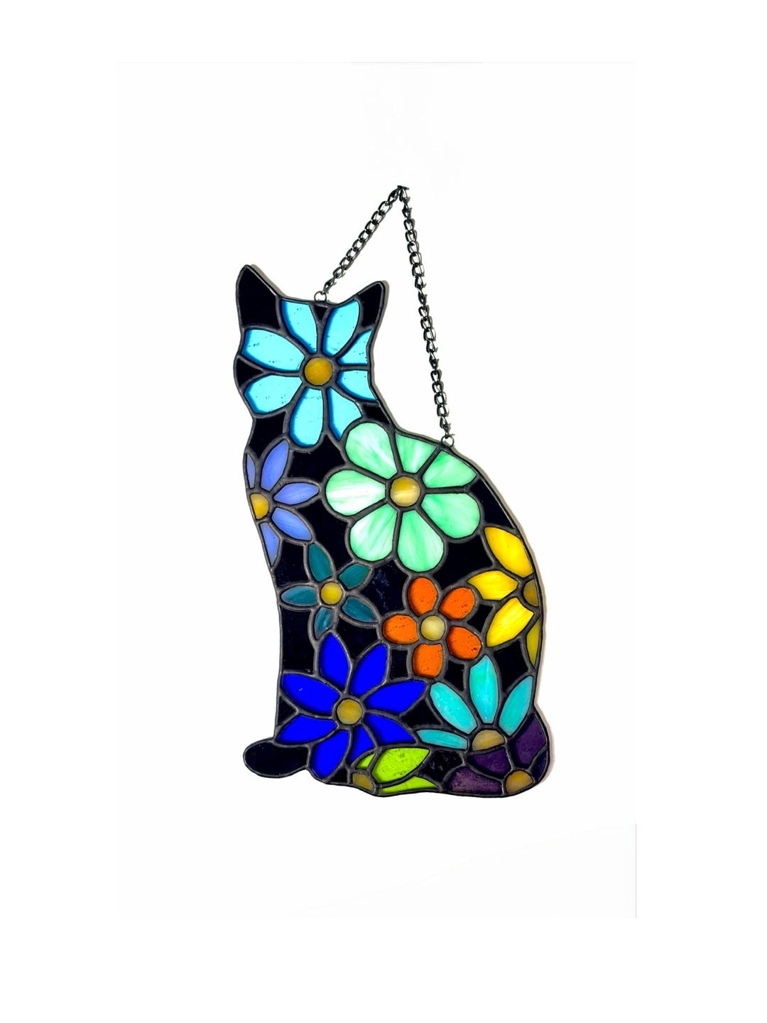 Handmade Mosaic Stained Glass Floral Cat Suncatcher - Etsy