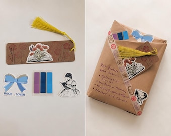 Blind Date mit einem Liebesbuch | Mystery Book Geschenk-Set | Buchliebhaber Geschenk | Sticker, Handmade Lesezeichen & Tabs