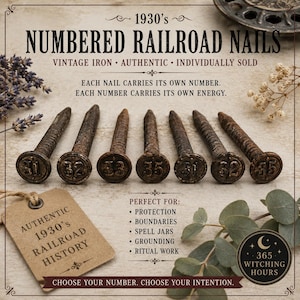May include: Seven rusted iron railroad nails arranged in a row, each featuring a stamped number on the circular head. The text reads 1930's NUMBERED RAILROAD NAILS, VINTAGE IRON, AUTHENTIC, INDIVIDUALLY SOLD, EACH NAIL CARRIES ITS OWN NUMBER, EACH NUMBER CARRIES ITS OWN ENERGY.