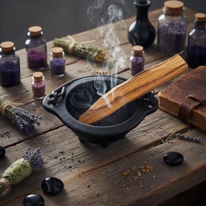 May include: A wooden incense stick smoking in a black bowl, surrounded by small glass jars with purple contents, bundles of herbs, and a leather-bound journal on a rustic wooden surface. The scene evokes a sense of natural wellness and spiritual practices.