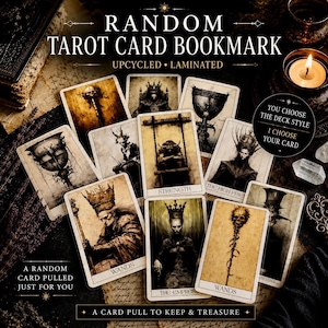 May include: A collection of upcycled, laminated tarot card bookmarks featuring dark, gothic-style illustrations. Each rectangular card displays unique imagery, including figures like The Empress, Strength, and King of Wands, with aged, sepia-toned paper textures.
