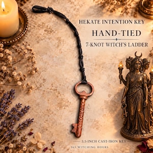 May include: A 3.5-inch cast-iron key with the word FRIENDSHIP embossed on the shaft, attached to a black cord featuring seven hand-tied knots. The key is presented alongside text reading HEKATE INTENTION KEY, HAND-TIED, 7-KNOT WITCH'S LADDER.