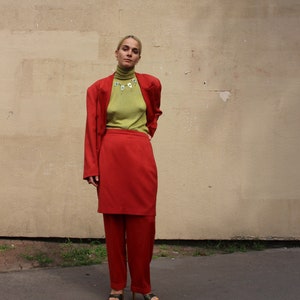 Three-piece Mary Spencer tailored suit with high-waisted pleated pants, blazer jacket and straight skirt