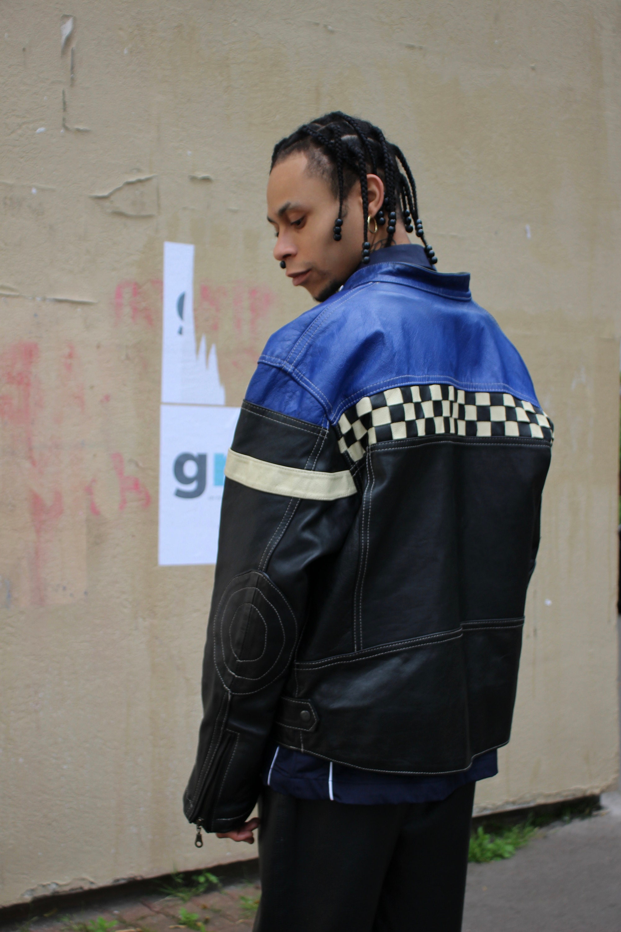 Black, Blue and White Checkered Leather Biker Bomber Jacket