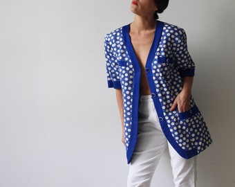 Polka / Kurtka Vintage Emil Joe 80-90 / Krótki rękaw / W duże niebiesko-białe kropki / Długa i prosta bawełna / Made in Italy / Rozmiar S-M