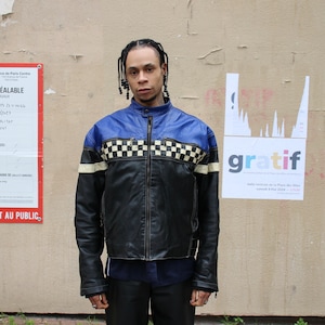Blouson bombers motard en cuir noir, bleu et blanc damier / Oversize taille XL-L