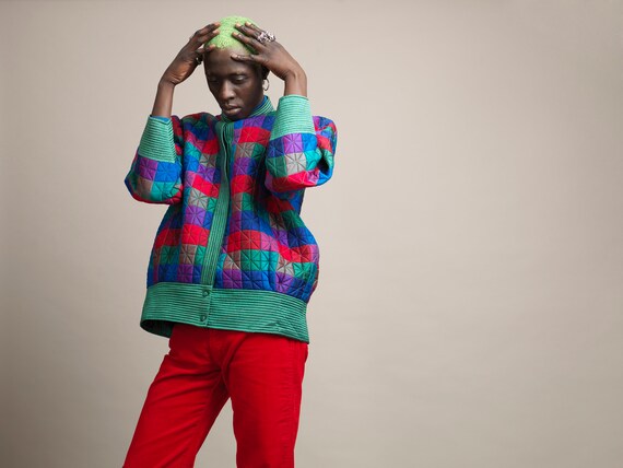 VINTAGE PALM bomber jacket in quilted silk green b