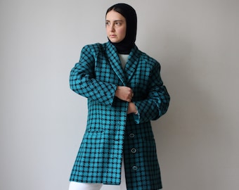 Oversized Barioni coat in turquoise blue and black houndstooth checks