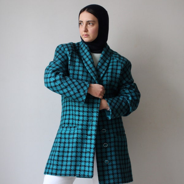 Manteau Barioni oversize à carreaux façon pied de poule bleu turquoise et noir