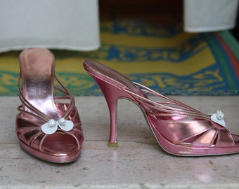 Mule MICHEL PERRY con pequeña plataforma en piel rosa perlado con bola de discoteca de strass / Talla 38