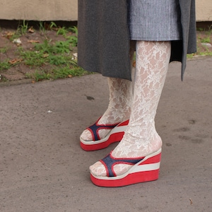 Miss Sixty clog mule with red and white sponge wedge heel and blue jeans / Size 37