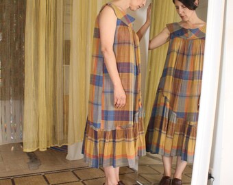 Long sleeveless madras dress in cotton gauze