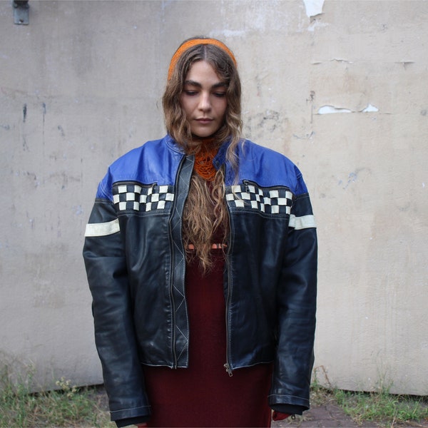 Blouson bombers motard en cuir noir, bleu et blanc damier / Oversize taille XL-L