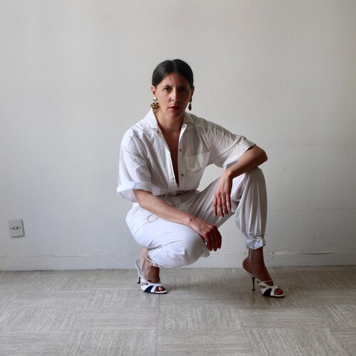 SONIA RYKIEL heel and lacing sandals / White leather and shops blue canvas with logo / Size 37