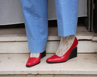 Charles Jourdans shoe with compensated heel in red and black leather / Size 7 - 38.5