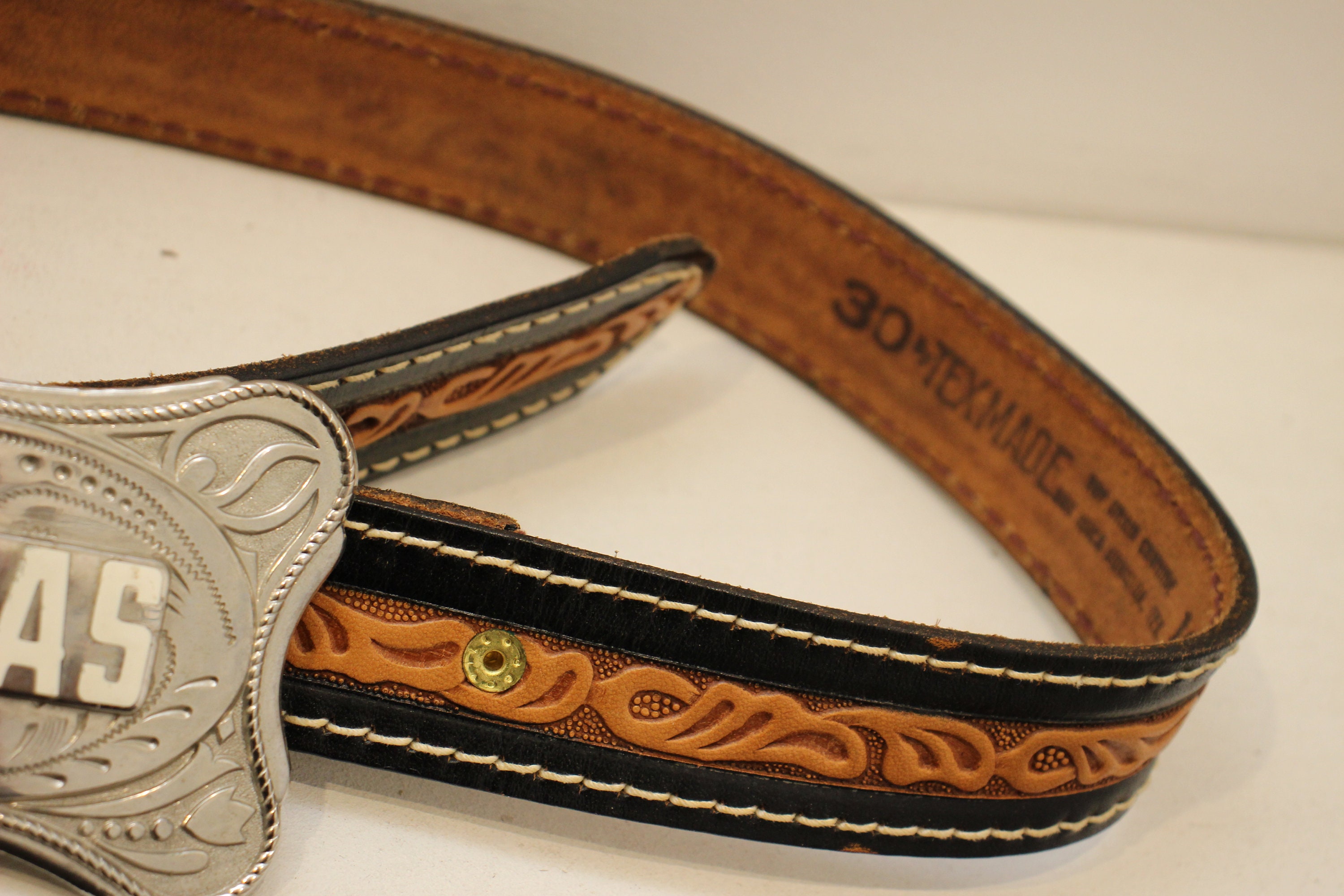 Brown and Black Leather Belt With Metal Texas Plaque - Etsy 