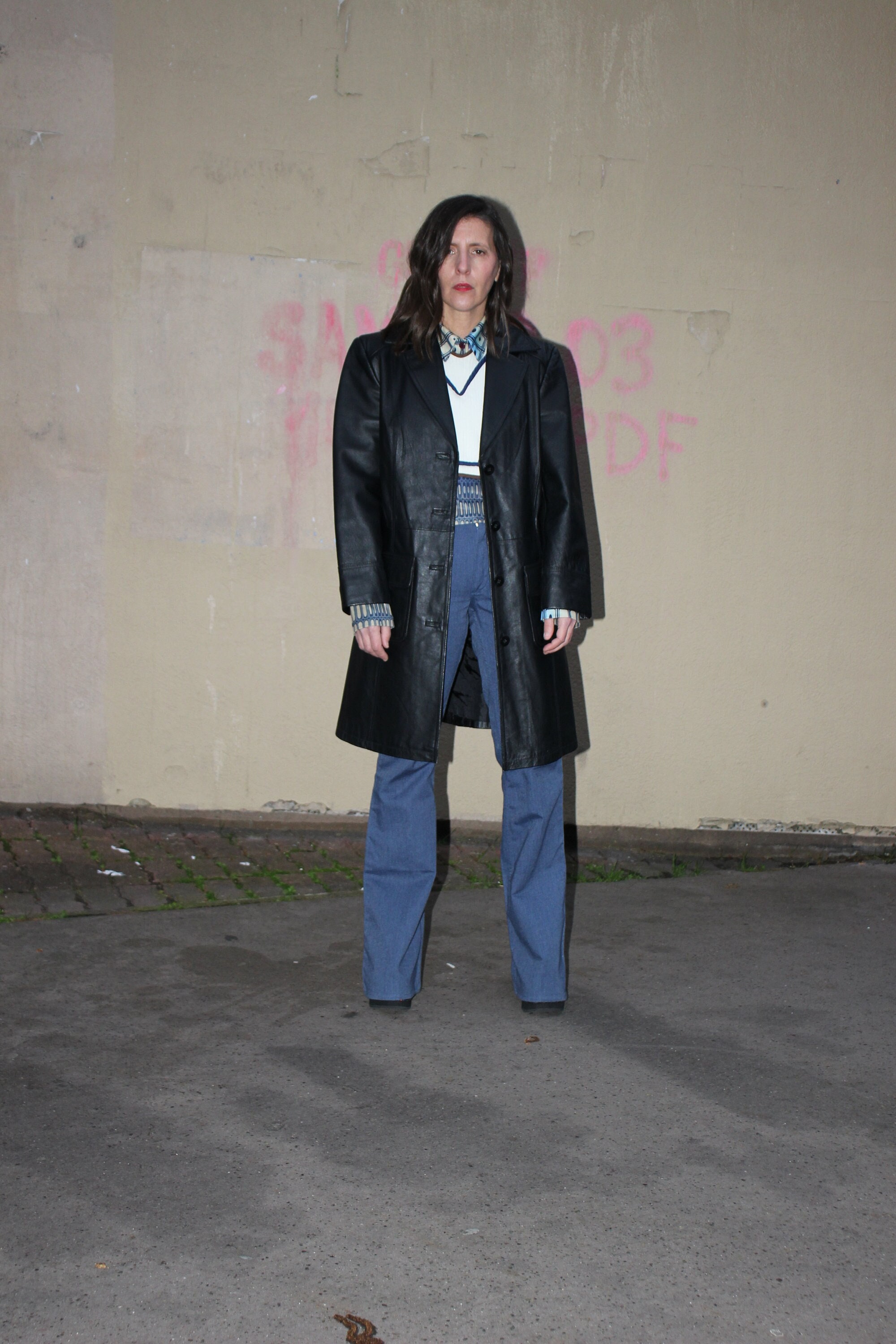 Long Black Leather Coat Jacket With Large Pocket and Button