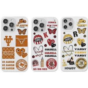 May include: Three white iPhone cases with colorful stickers featuring college logos and mascots. The cases feature logos for UT Austin, Cornell, and Vanderbilt. The stickers include butterflies, hearts, and other designs.