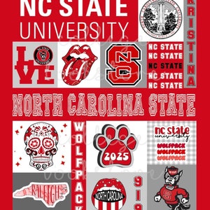 May include: A red and gray collage featuring the NC State University logo, the words "Love", "Wolfpack", "Raleigh", and "North Carolina", along with a skull, paw print, and a wolf mascot.