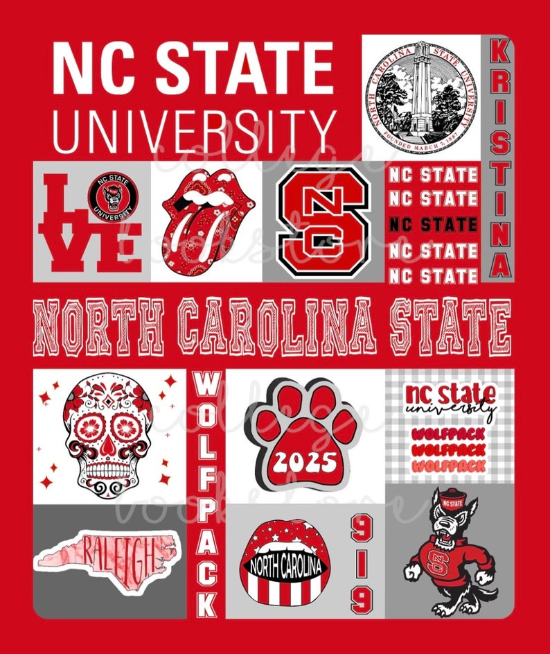 May include: A red and gray collage featuring the NC State University logo, the words "Love", "Wolfpack", "Raleigh", and "North Carolina", along with a skull, paw print, and a wolf mascot.