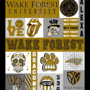 May include: A collage of images celebrating Wake Forest University. The collage includes the university's logo, mascot, and other imagery, such as a skull, a paw print, and a lips design. The text "Wake Forest University" appears multiple times in the collage.