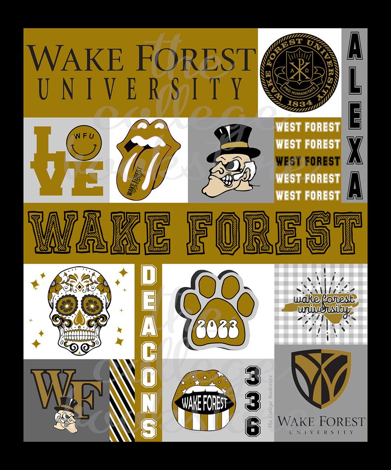 May include: A collage of images celebrating Wake Forest University. The collage includes the university's logo, mascot, and other imagery, such as a skull, a paw print, and a lips design. The text "Wake Forest University" appears multiple times in the collage.