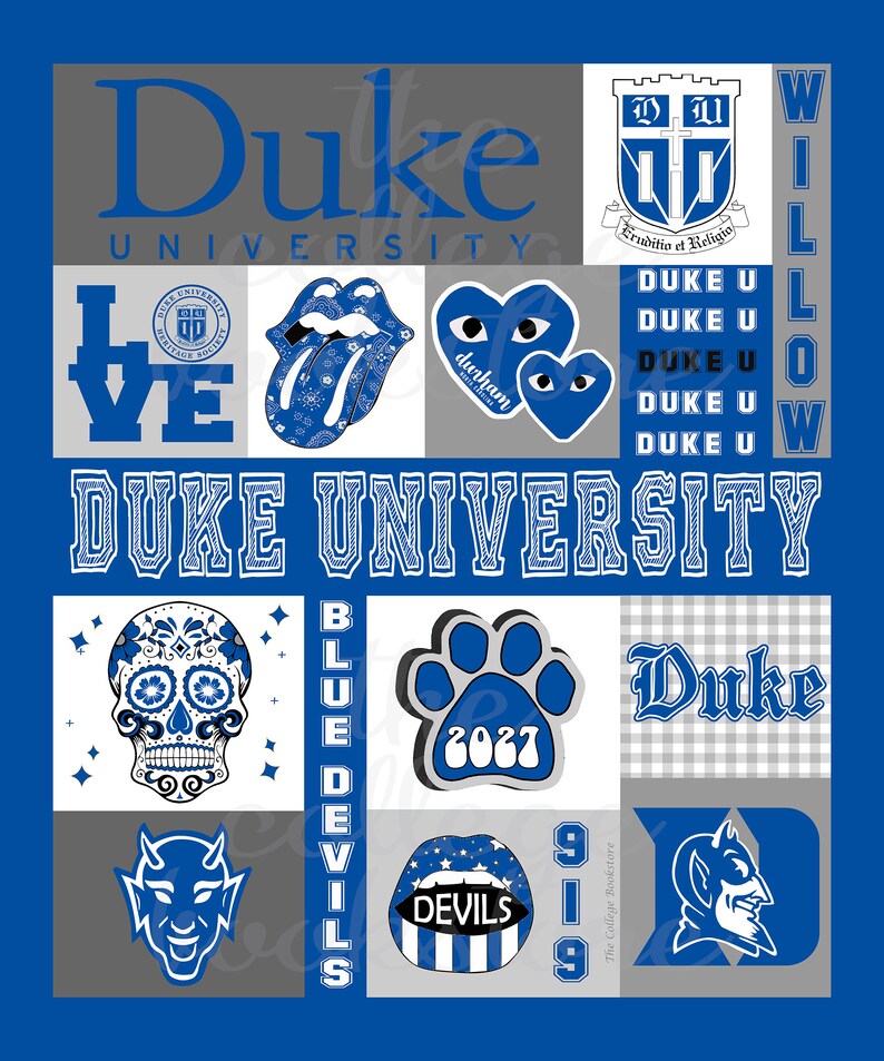 May include: A collage of images celebrating Duke University. The collage features the school's mascot, the Blue Devils, along with the school's colors, blue and gray. The collage also includes the school's logo, the words "Duke University", and the phrase "Blue Devils".