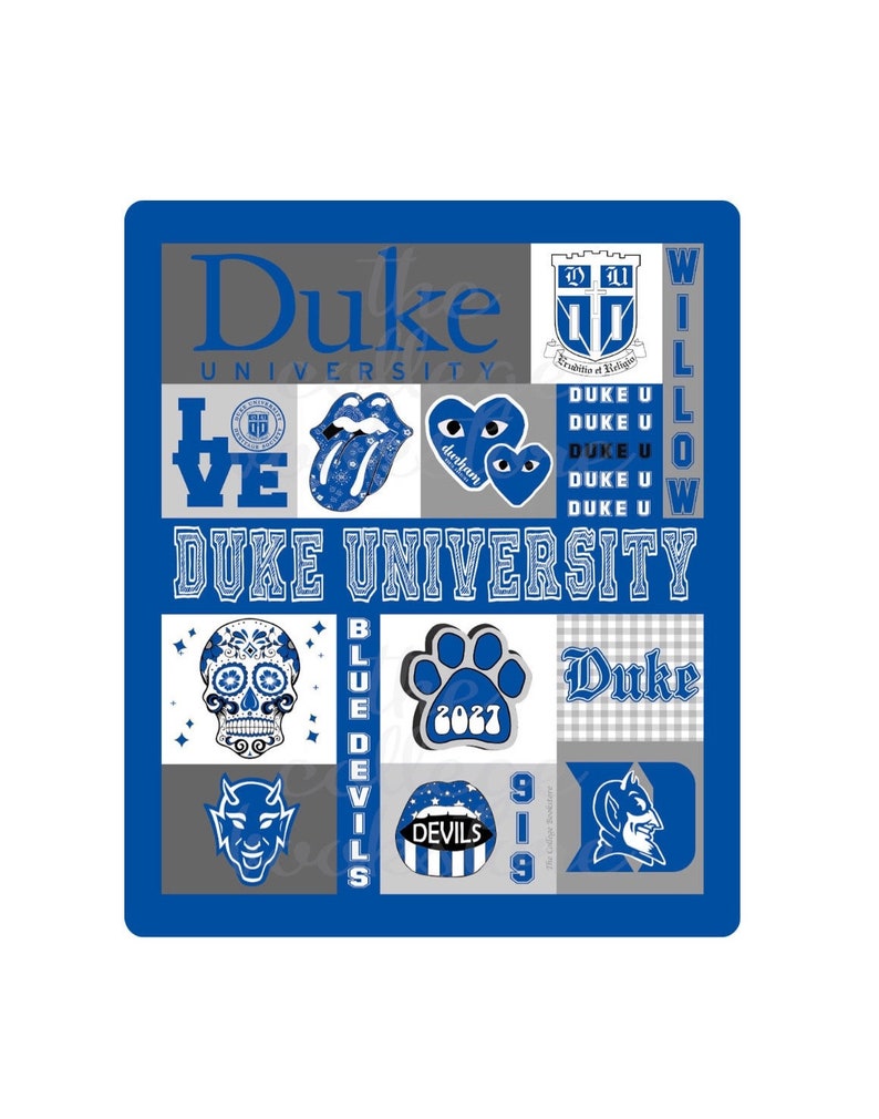 May include: A collage of Duke University themed images, including the school's logo, a skull, a paw print, a devil, and the words "Duke University" and "Blue Devils".