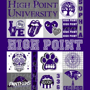 May include: A purple and gray collage with the text "High Point University" and the words "Sophia", "Panthers", and "High Point" repeated multiple times. The collage includes images of a skull, a paw print, a heart, a lips, and a panther.
