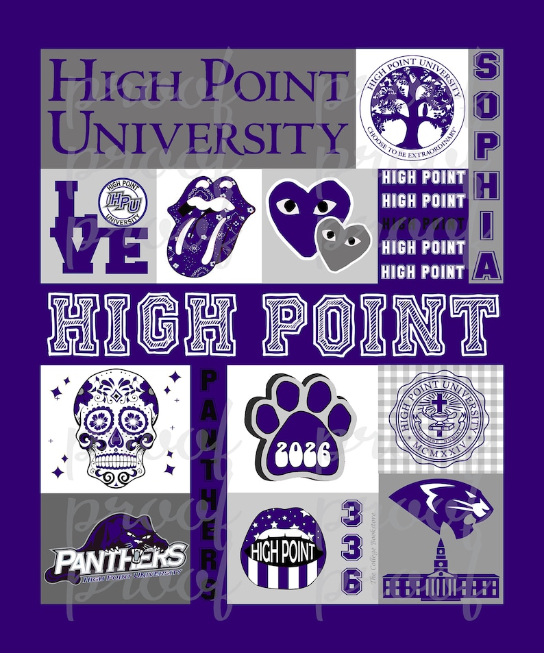 May include: A purple and gray collage with the text "High Point University" and the words "Sophia", "Panthers", and "High Point" repeated multiple times. The collage includes images of a skull, a paw print, a heart, a lips, and a panther.