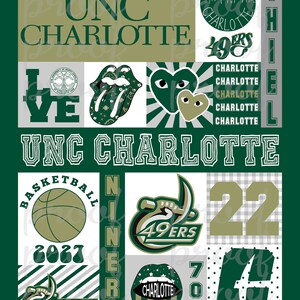 May include: A green and gold collage featuring the UNC Charlotte 49ers logo, the words "UNC Charlotte", "Niners", "Love", and "Basketball", along with the numbers 22, 704, and 2027.