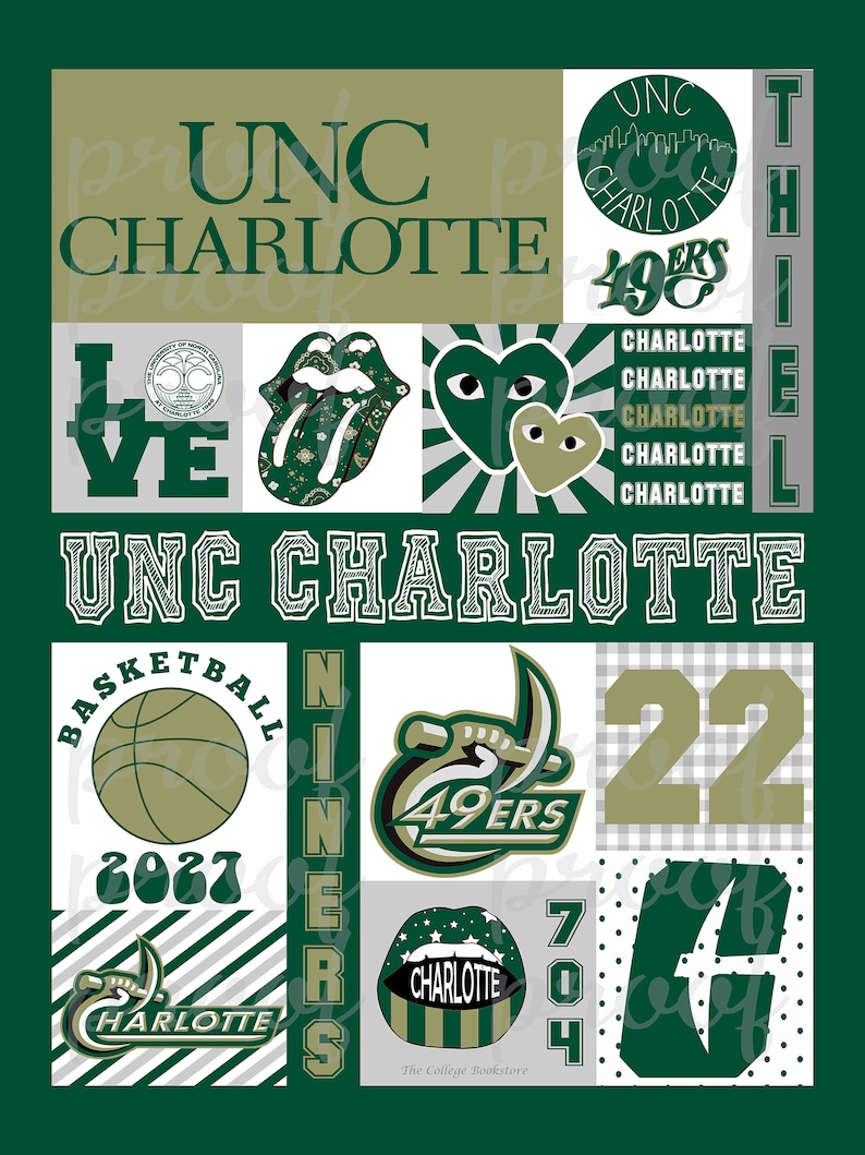 May include: A green and gold collage featuring the UNC Charlotte 49ers logo, the words "UNC Charlotte", "Niners", "Love", and "Basketball", along with the numbers 22, 704, and 2027.
