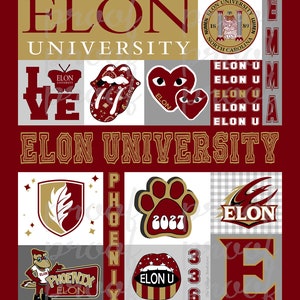 May include: A collage of images celebrating Elon University. The collage features the school's logo, mascot, and other imagery, including a heart, a tongue, and a paw print. The text "Elon University" appears multiple times in the collage.