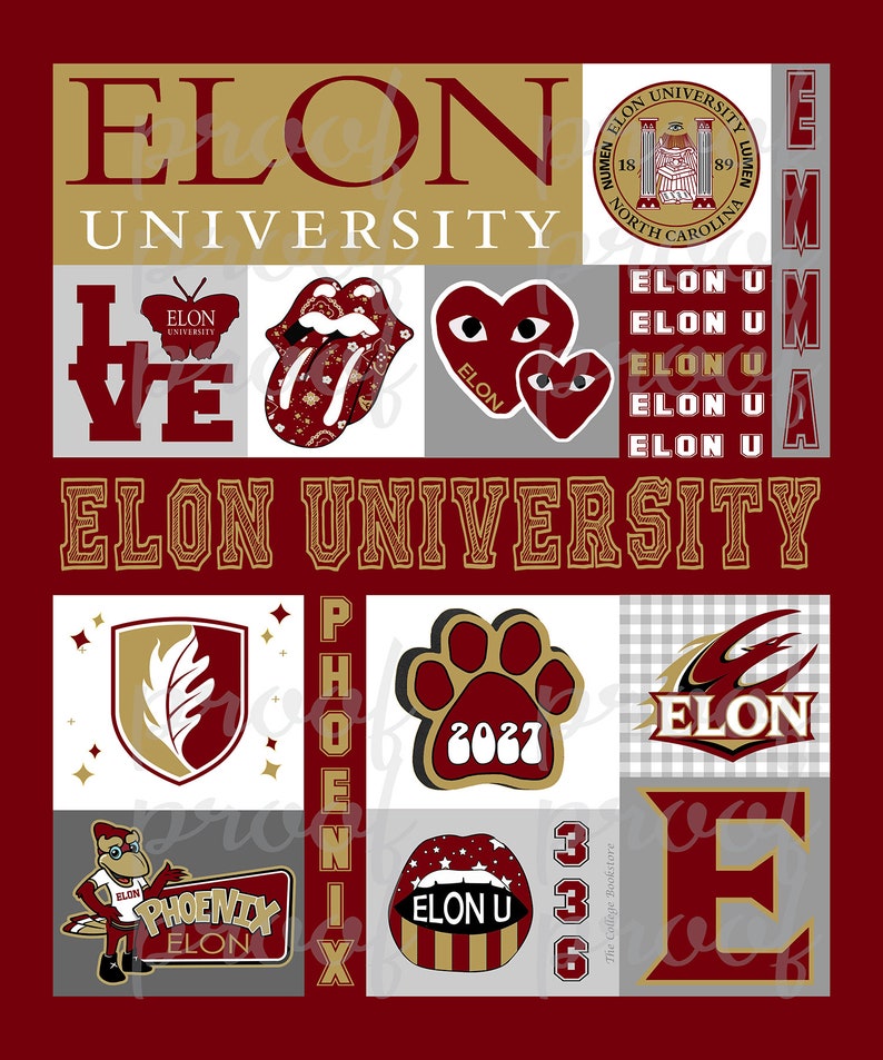 May include: A collage of images celebrating Elon University. The collage features the school's logo, mascot, and other imagery, including a heart, a tongue, and a paw print. The text "Elon University" appears multiple times in the collage.
