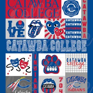 May include: A blue and red collage with the text "Catawba College" repeated throughout. The collage includes images of a paw print, a heart, a tongue, a play mask, and a feather. The text "Catawba College" is in a white outline with a blue fill.