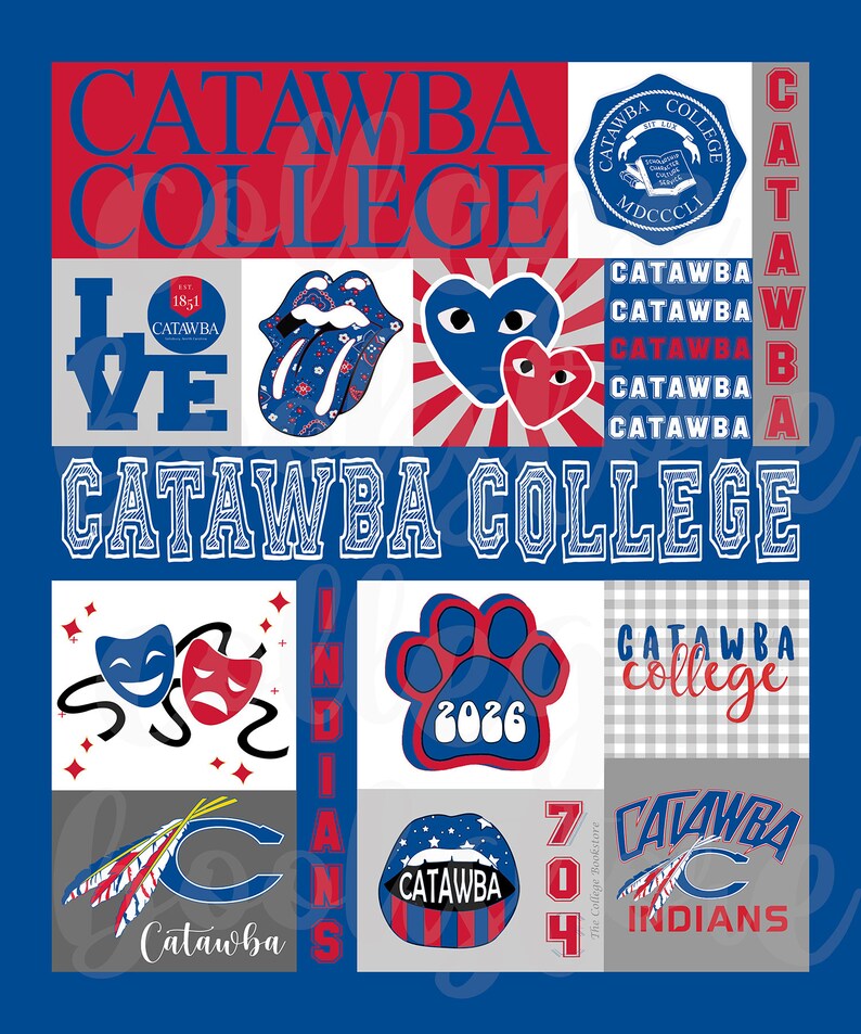 May include: A blue and red collage with the text "Catawba College" repeated throughout. The collage includes images of a paw print, a heart, a tongue, a play mask, and a feather. The text "Catawba College" is in a white outline with a blue fill.