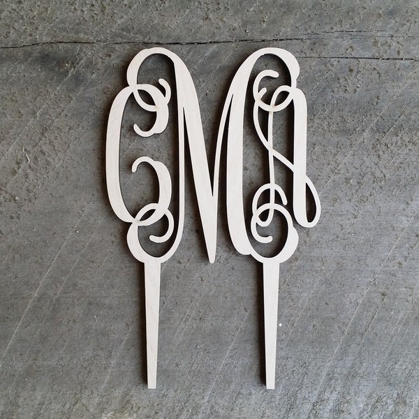 Cake Topper - 5" Unpainted Wooden Monogram Cake Topper