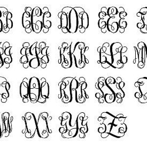 May include: A set of 26 black and white monogram letters in a cursive script font. Each letter is a separate image.